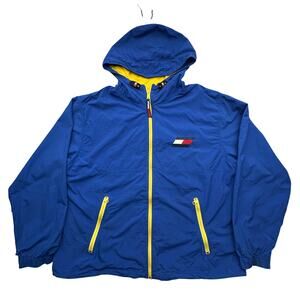 Vintage 90s Tommy Hilfiger Flag Windbreaker Hooded Jacket Mens Large Blue Logo